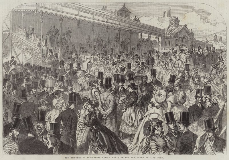 As Tribunais de Longchamps antes da corrida para o Grande Prémio de Paris (gravura) de English School