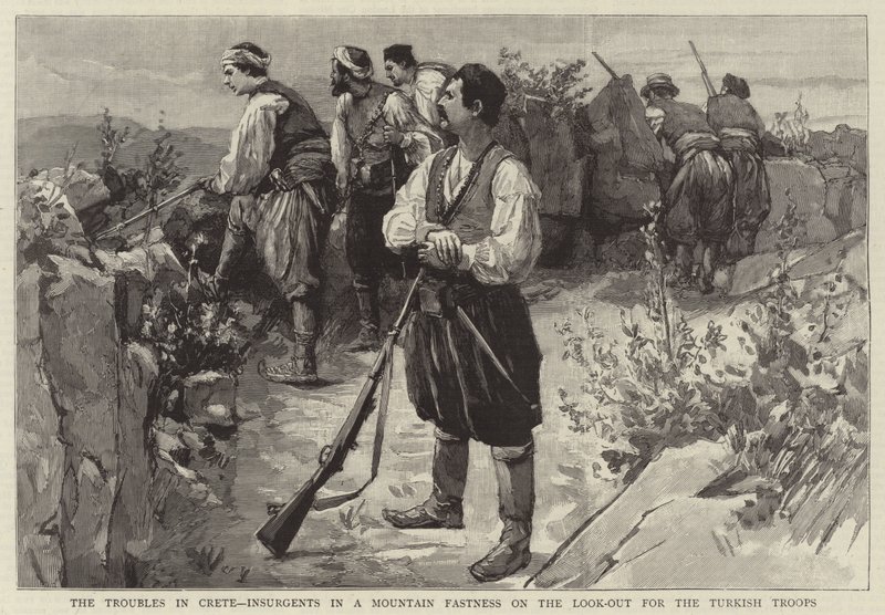 Os Problemas em Creta, Insurgentes na Montanha Fasness on the Look-out para as Tropas Turcas (gravura) de English School