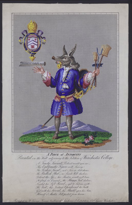 The Trusty Servant, pintada na parede ao lado da cozinha do Winchester College, Hampshire, pelo poeta inglês John Hoskins em 1579 de English School