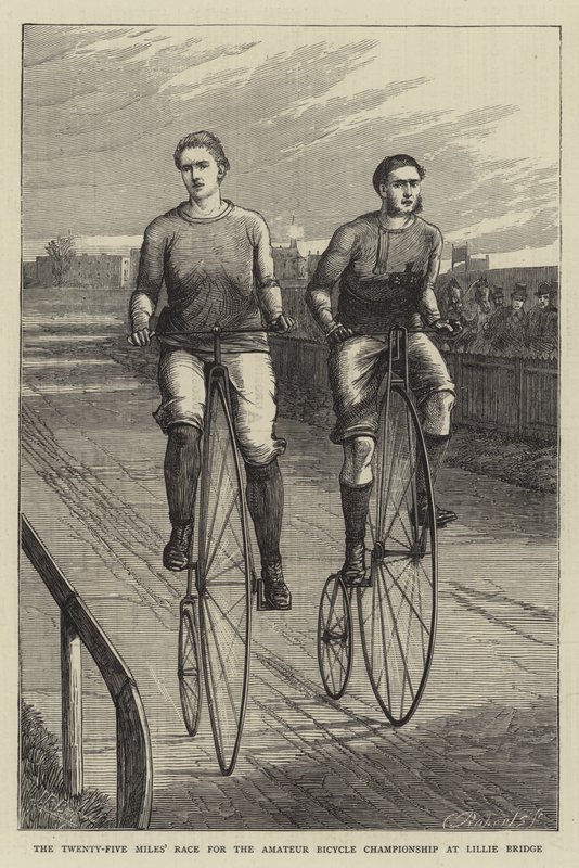 A Corrida dos Vinte e Cinco Milhas para o Campeonato Amador de Bicicletas em Lillie Bridge (gravura) de English School