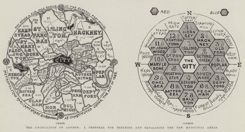 The Unification of London, a Proposal for Defining and Equalising the New Municipal Areas (gravura) de English School