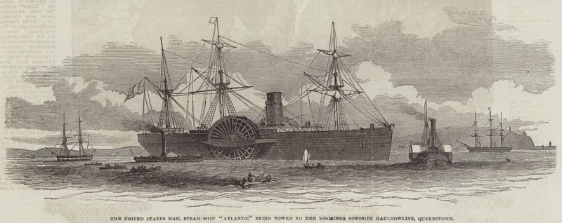 O navio a vapor "Atlantic" dos Estados Unidos a ser rebocado para os seus ancoradouros em frente a Haulbowline, Queenstown (gravação) de English School