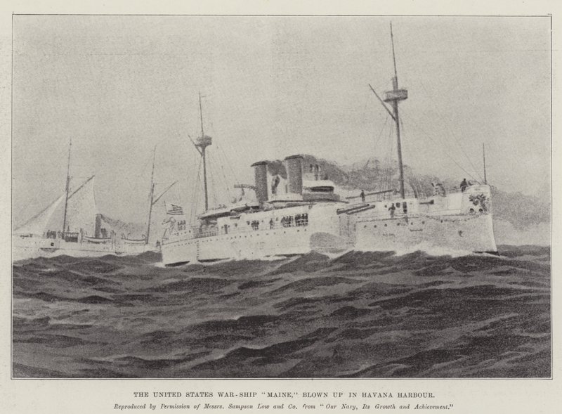O navio de guerra dos Estados Unidos "Maine", explodiu no porto de Havana (litho) de English School