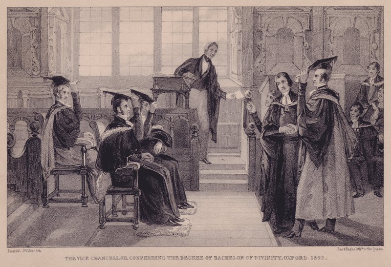O vice-chanceler conferindo o grau de Bacharel em Divindade, Oxford, 1842 de English School