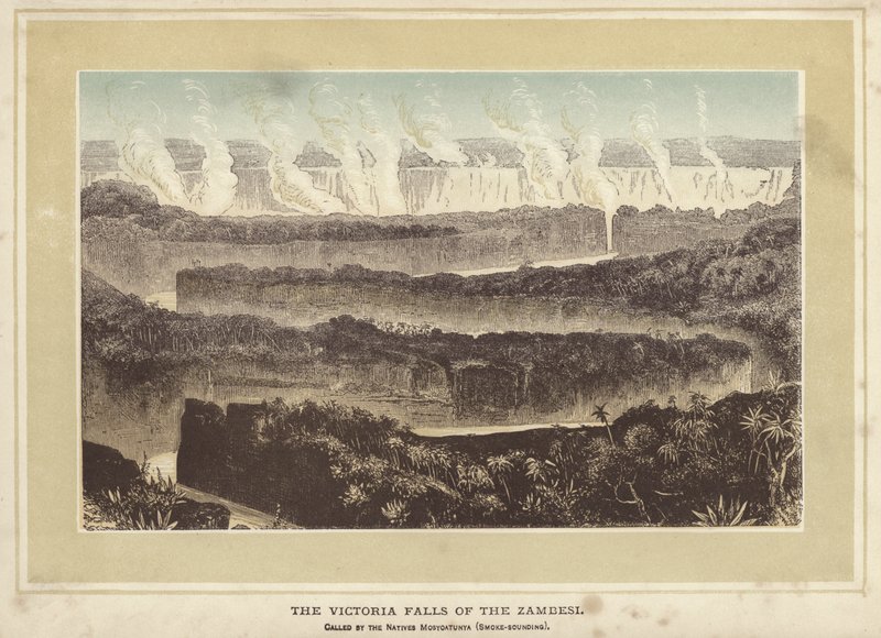 The Victoria Falls of the Zambesi, chamada pelos nativos Mosyoatunya, Smoke-sounding (gravura colorida) de English School