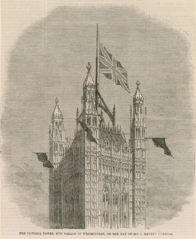 A Torre Victoria, novo Palácio de Westminster, no dia do funeral Sir C Barnets de English School