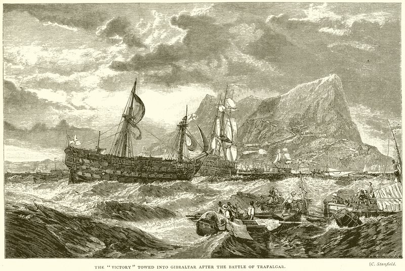 A Vitória rebocada para Gibraltar após a Batalha de Trafalgar de English School