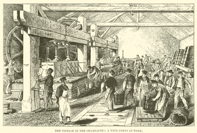 O Vintage no Champagne: A Wine-Press at Work (gravura) de English School