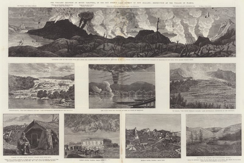 A Erupção Vulcânica do Monte Tarawera, no distrito de Hot Springs Lake da Nova Zelândia, Destruição da Vila de Wairoa (gravura) de English School