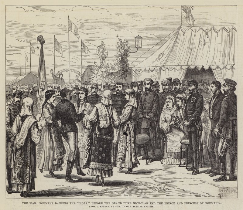 A Guerra, Roumans dançando a "Hora" diante do Grão-Duque Nicholas e do Príncipe e Princesa de Roumania (gravura) de English School