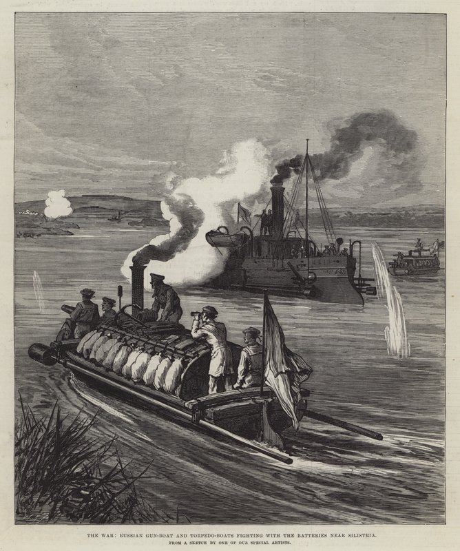 A Guerra, Pistola-Russa e Torpedo-Boats lutando com as Baterias perto da Silístria (gravura) de English School