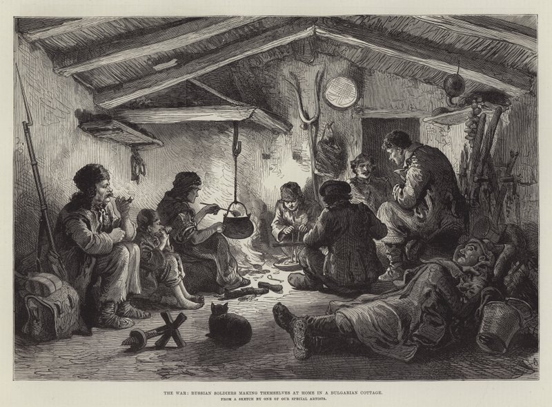 A Guerra, Soldados russos fazendo-se em casa numa casa de campo búlgara (gravura) de English School