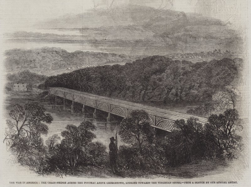 A Guerra na América, a Cadeia-Bridge através do Potomac acima de Georgetown, olhando para a Costa da Virgínia (gravura) de English School
