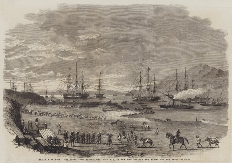 A Guerra na China, Saída de Hockly Pier, Odin Bay, da Cavalaria Sikh e Tropas para o Peiho (gravura) de English School