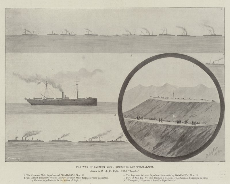 A Guerra na Ásia Oriental, Esboços ao largo de Wei-Hai-Wei (litho) de English School
