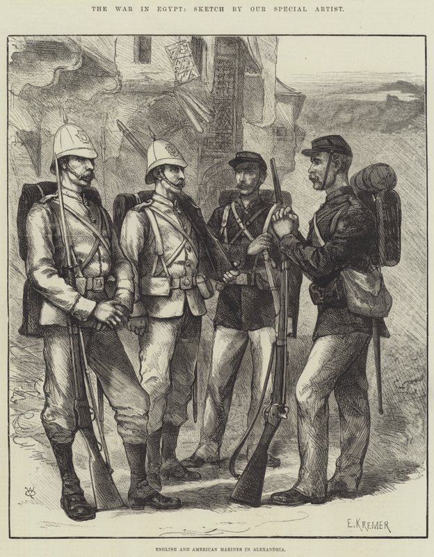 A Guerra no Egito, Marines ingleses e americanos em Alexandria (gravura) de English School