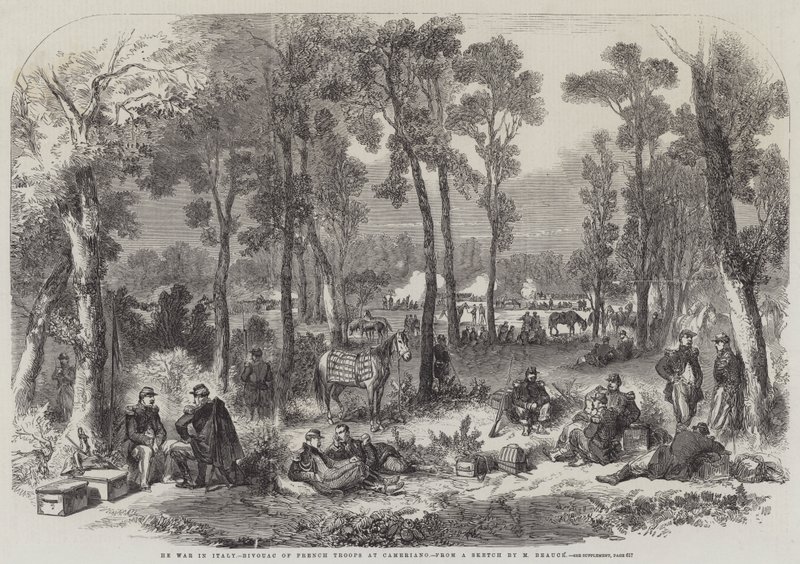 A Guerra na Itália, Bivouac das Tropas Francesas em Cameriano (gravura) de English School