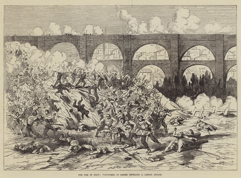 A Guerra na Espanha, Voluntários de Teruel repelindo um Ataque de Carlist (gravura) de English School