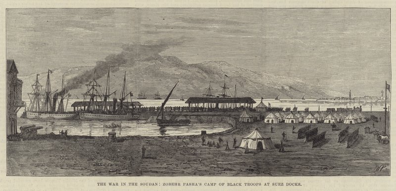 A Guerra no Soudan, Campo de Tropas Negras de Zobehr Pasha nas Docas do Suez (gravura) de English School