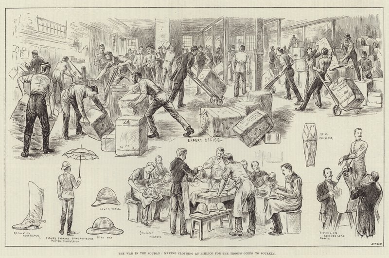 A Guerra no Soudan, fazendo Roupas no Pimlico para as Tropas que vão ao Souakim (gravura) de English School