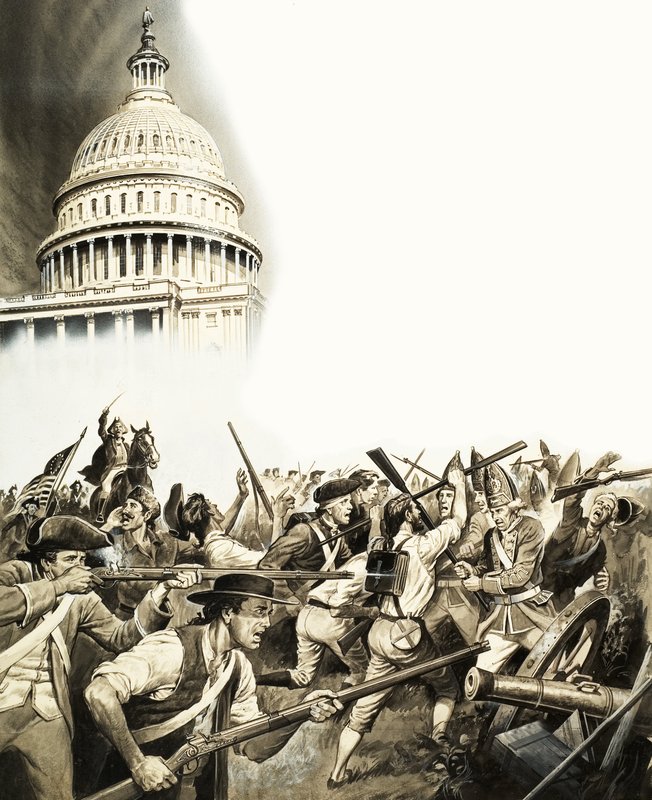 A Guerra da Independência mais, no topo, o prédio do Congresso de English School
