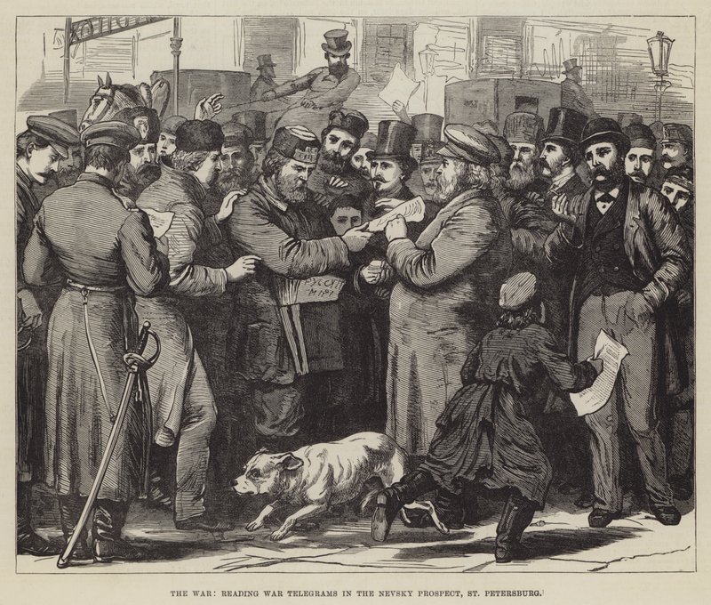 A Guerra, lendo Telegramas de Guerra no Prospecto Nevsky, São Petersburgo (gravura) de English School