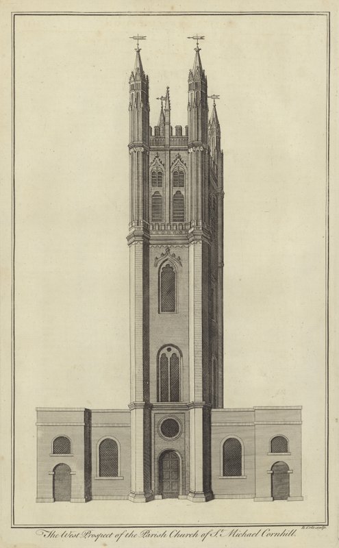 A perspectiva ocidental da igreja paroquial de St Michael, Cornhill, Londres de English School