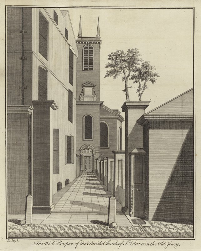 A perspectiva ocidental da igreja paroquial de St Olave no Velho Judaísmo, Londres de English School