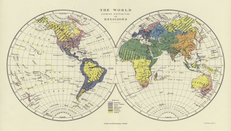 O mundo mostrando a distribuição das religiões de English School
