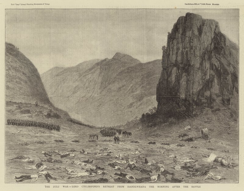 A Guerra Zulu, retiro de Lord Chelmsford de Isandlwhana a Manhã após a Batalha (gravura) de English School