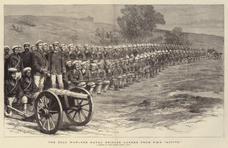 A Guerra Zulu, a Brigada Naval desembarcou da HMS "Activa" (gravura) de English School