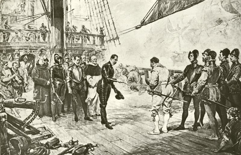 O almirante da Armada Espanhola se rende a Drake (gravura) de English School