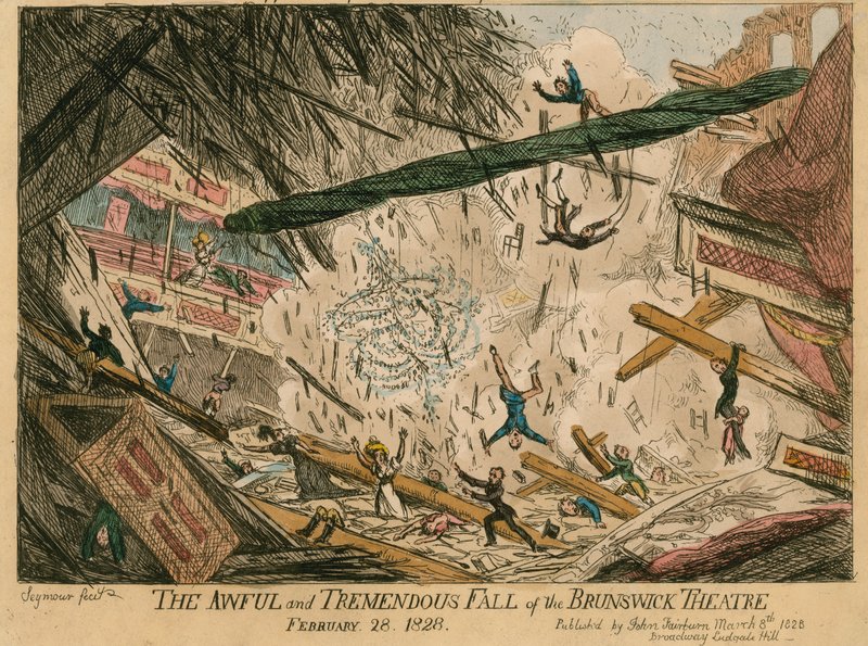 A terrível e tremenda queda do Teatro Brunswick, Londres, 28 de fevereiro de 1828 de English School