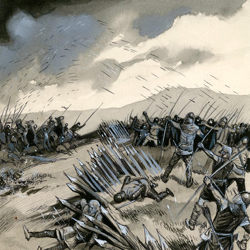 A batalha de Crecy, onde os arqueiros ingleses destruíram a cavalaria francesa de English School