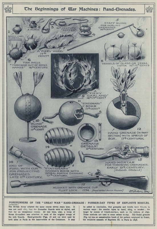 O começo de máquinas de guerra, granadas de mão, precursores da granada de mão da Grande Guerra, os tipos de mísseis explosivos do dia anterior de English School