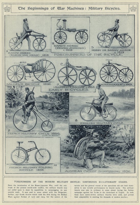 O começo de máquinas de guerra, bicicletas militares, precursores da bicicleta militar moderna, estágios evolutivos contínuos de English School