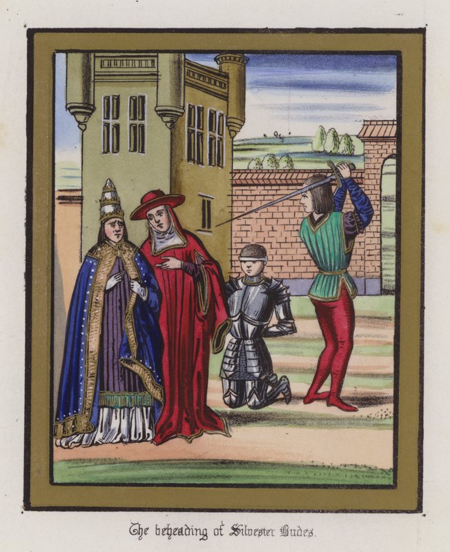 A decapitação de Sir Silvester Budes (gravura colorida) de English School