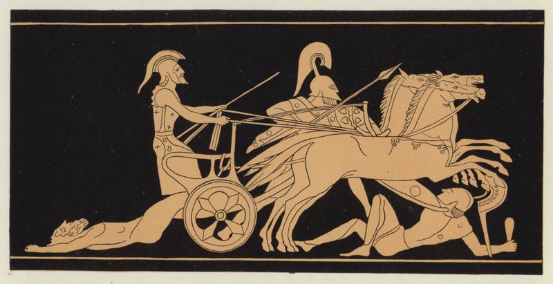 O corpo de Heitor arrastado atrás do carro de Aquiles (litografia a cores) de English School