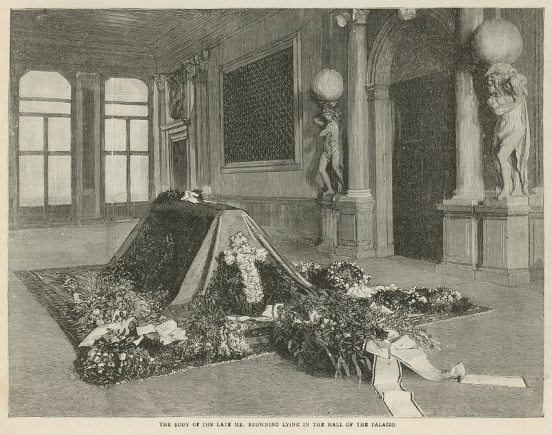 O corpo do falecido Sr. Browning deitado no Hall do Palazzo Rezzonico, Veneza de English School