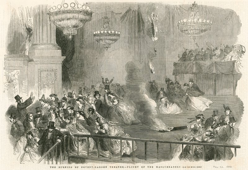 A queima do Covent Garden Theatre, em Londres - voo dos Masqueraders de English School