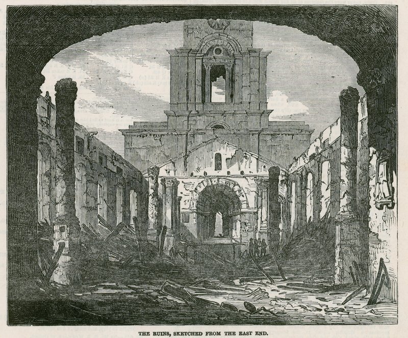 A queima da igreja de St Annes em Limehouse de English School