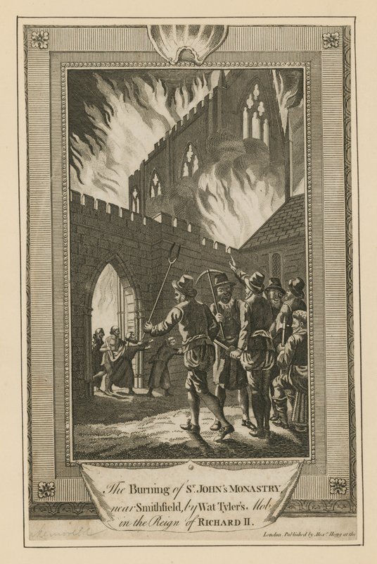 A queima do Mosteiro de St Johns perto de Smithfield por Wat Tylers mob de English School