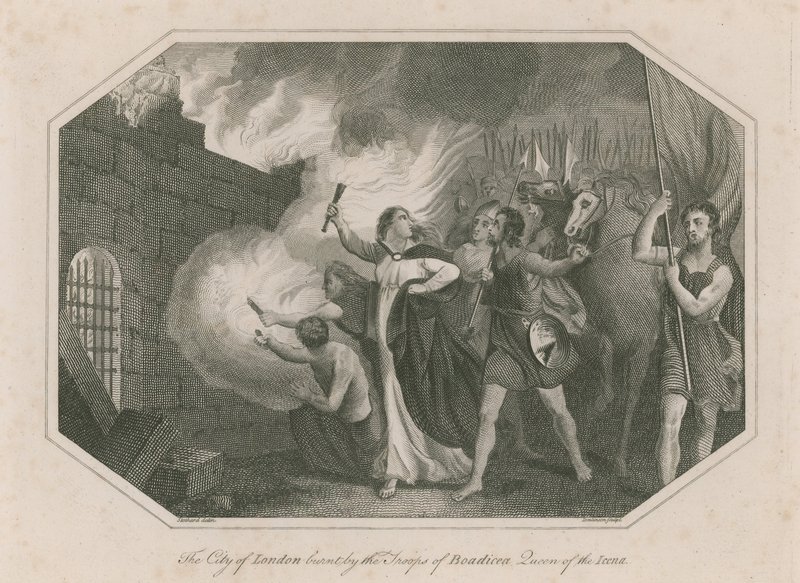 A cidade de Londres queimada pelas tropas de Boadicea, rainha da Icena de English School