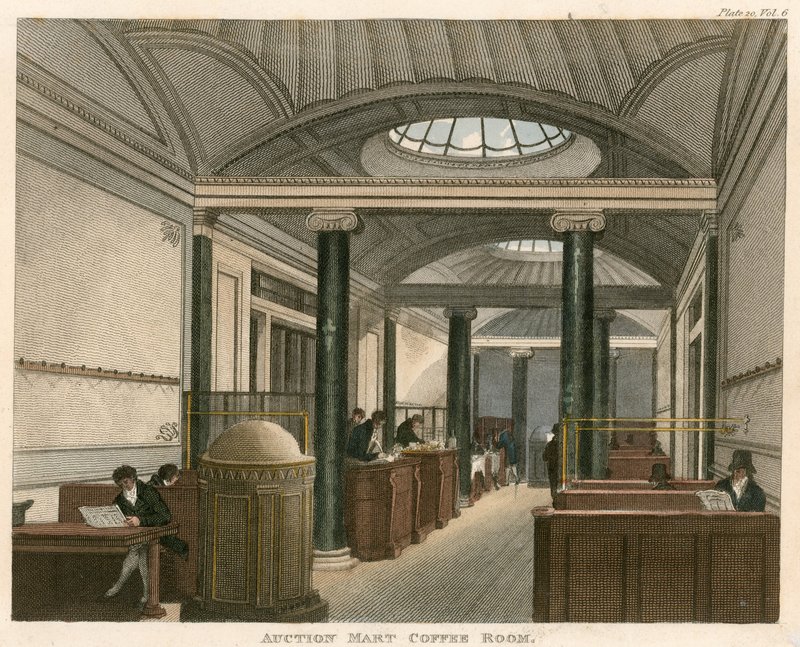 A sala de café do leilão Mart, St Bartholomews Lane, Londres de English School