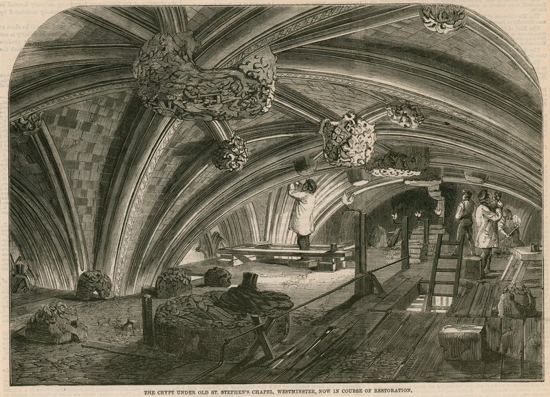 A cripta sob a antiga St Stephens Chapel, Westminster, agora em processo de restauração de English School