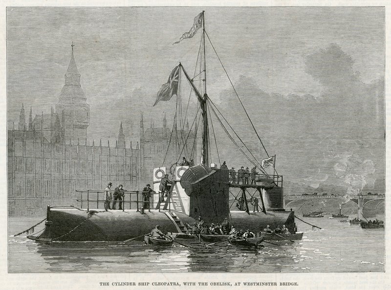 O navio de cilindro Cleopatra, com o obelisco, na ponte de Westminster de English School
