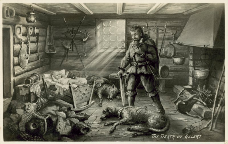 A morte de Gelert, o cão de Llewellyn, cena do poema de William Robert Spencer Beth Gelert; ou, o Grave of the Greyhound (litho) de English School