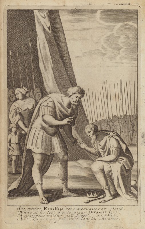 O Perseu derrotado aos pés de Lucius Aemilius Paullus nas Guerras da Macedónia (gravura) de English School