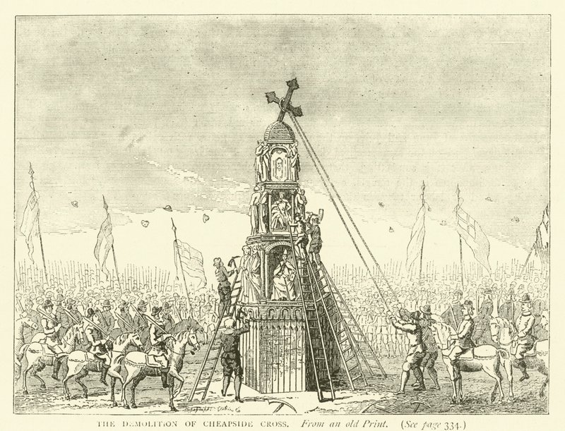 A demolição de Cheapside Cross, de uma gravura antiga de English School