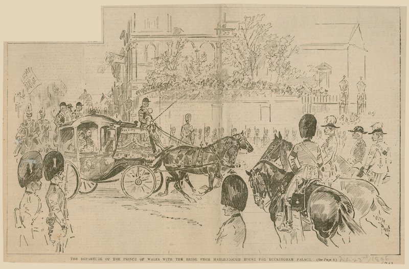 A partida do Príncipe de Gales com a noiva de Marlborough House para o Palácio de Buckingham, 23 de julho de 1896 de English School